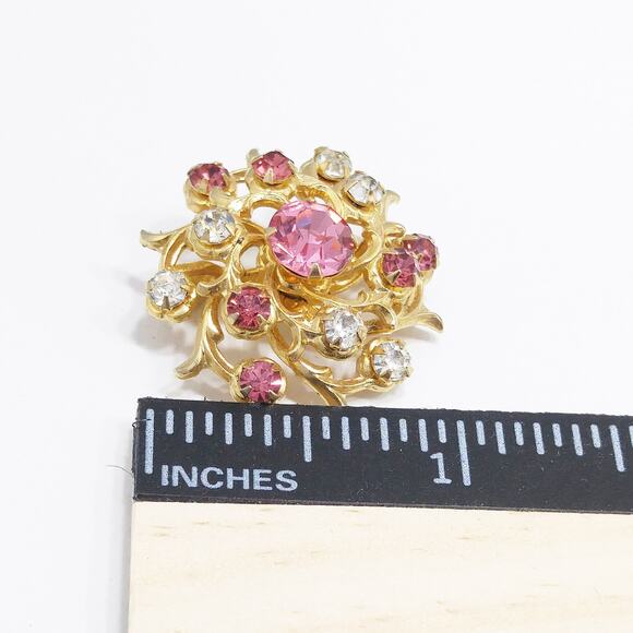 Coro Pink Rhinestone Brooch, Gold Plated Scatter Pin, 1940s Vintage Jewelry - Picture 5 of 10